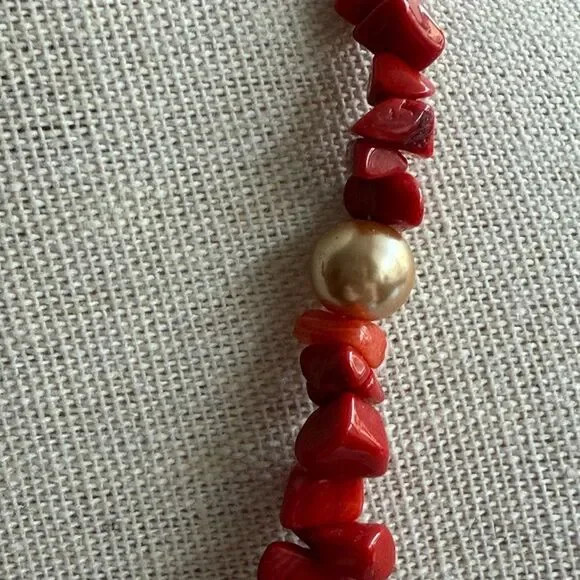Red Coral & Pearl Pendant Necklace with Silver Tone Toggle Clasp.